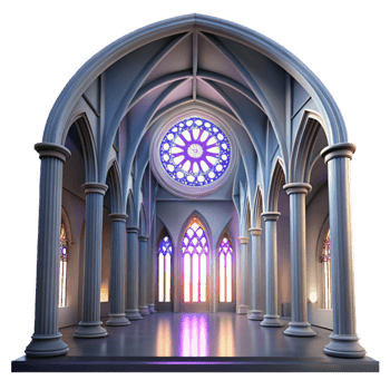 dramatic classic Gothic cathedral interior, stained glass rose window, shafts of light, ethereal mood, ray tracing, hyperrealistic 4K png