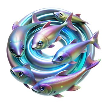 beautiful modern A school of iridescent fish swimming through a vortex of liquid light, with trails of neon stardust, Psychedelic Pop Art style genuine png