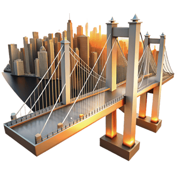 dramatic minimalist Suspension bridge, intricate cable structure, panoramic city views, sunset lighting, engineering marvel, 8k, authentic png