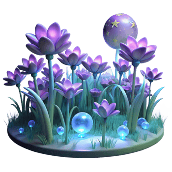 wonderful rustic A field of blooming, bioluminescent flowers, lit by the moonlight, fantasy style high quality png
