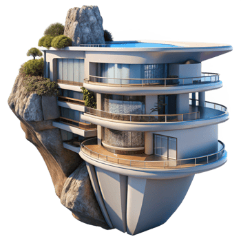 stunning rustic A futuristic apartment complex built into a cliff face, sleek design, panoramic ocean views 4K png