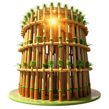 impressive traditional Bamboo skyscraper, sustainable design, interwoven bamboo stalks, filtered sunlight through the structure, Asian architectural style high resolution png