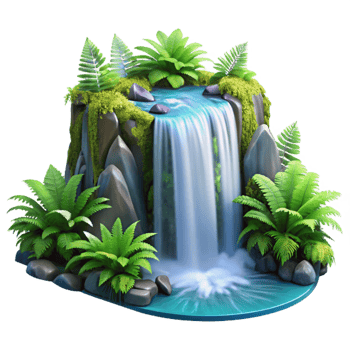 stunning traditional A cascading waterfall surrounded by lush green ferns, long exposure photography, serene and peaceful high quality png