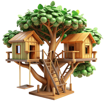 beautiful abstract Treehouse village, interconnected wooden structures, dappled sunlight filtering through leaves, whimsical atmosphere original png