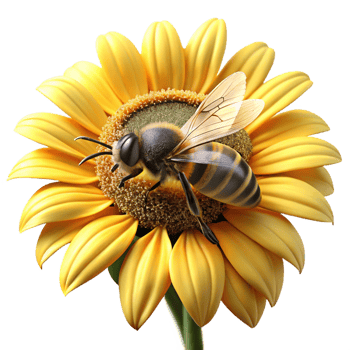 serene creative Close-up of a bee collecting pollen from a sunflower, golden light, detailed, macro photography, authentic png