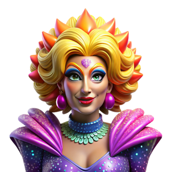 serene modern Portrait of a vibrant drag queen with elaborate makeup and a flamboyant costume, lit by colorful stage lights, in a pop art style 4K png