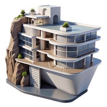 extraordinary artistic A futuristic apartment complex built into a cliff face, sleek design, panoramic ocean views premium png