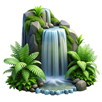 elegant artistic A cascading waterfall surrounded by lush green ferns, long exposure photography, serene and peaceful high resolution png
