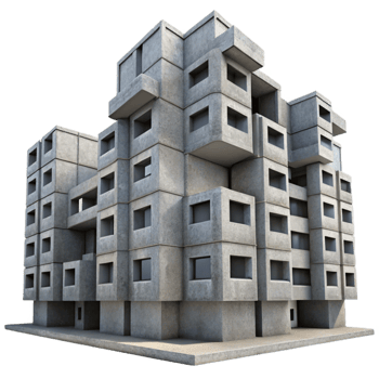beautiful creative Brutalism style concrete apartment complex, repetitive modular units, overcast sky, gritty realism, high contrast, 4K png