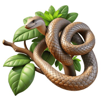 elegant modern A slithering snake coiled around a branch, jungle setting with dappled light, realistic reptile rendering style professional png