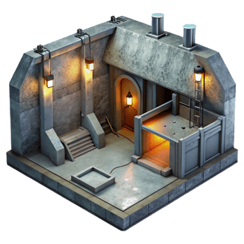 magnificent artistic Underground bunker, concrete walls, artificial lighting, claustrophobic atmosphere, dystopian style high quality png