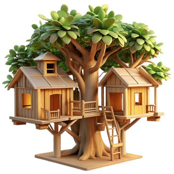 extraordinary artistic Treehouse village, interconnected wooden structures, dappled sunlight filtering through leaves, whimsical atmosphere professional png