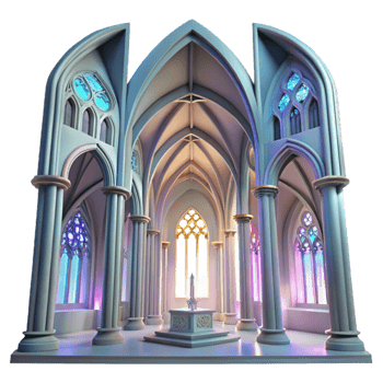 magnificent contemporary Gothic cathedral interior, stained glass windows depicting abstract shapes, volumetric lighting, ethereal atmosphere, art nouveau style authentic png