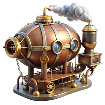vibrant modern Steampunk airship dock, intricate gears and pipes, brass and copper details, smoky atmosphere, illustrative style professional png