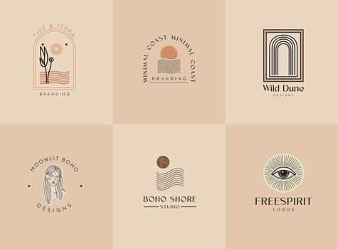 Elegant boho coastal logo set featuring minimal line art, waves, sun, nature, and mystical elements. Perfect for branding, boutique businesses, wellness, beauty, lifestyle, and organic brands. vector
