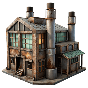 serene vintage A decaying industrial factory, rusting metal, broken windows, dim lighting, dystopian style genuine png
