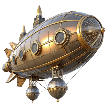 impressive rustic A steampunk zeppelin, adorned with intricate clockwork designs and propellers, floating above a cityscape, lit by a bright, morning light 4K png