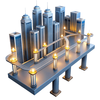 impressive artistic An intricate network of elevated walkways connecting towering skyscrapers, illuminated by the warm glow of streetlights. Futuristic style, ambient lighting premium png