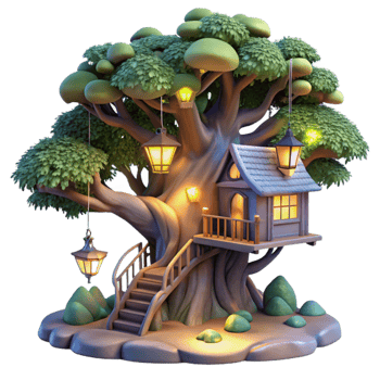 impressive classic A magical treehouse nestled in the branches of a giant tree, glowing lights, fantasy art detailed png