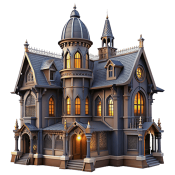 dramatic traditional A Victorian mansion, intricate ironwork, stained glass windows, dramatic lighting, gothic style authentic png