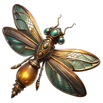 elegant modern A giant, mechanical dragonfly with wings made of stained glass hovers in the air. Steampunk style, warm, industrial lighting high resolution png