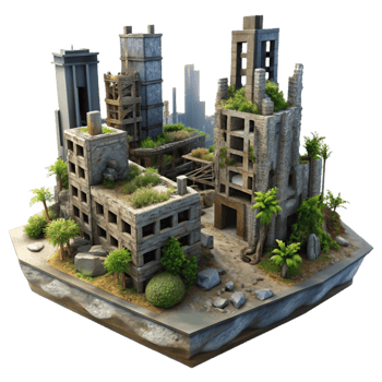 dramatic creative Post-apocalyptic cityscape, ruined buildings, overgrown vegetation, dim lighting, dystopian setting exclusive png