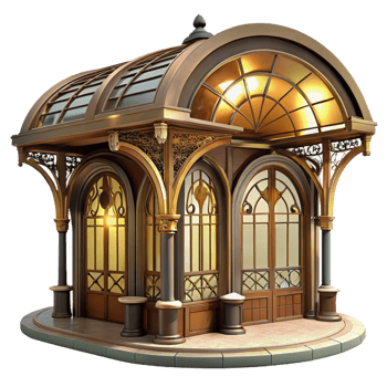 dramatic traditional Art Nouveau inspired subway station, intricate ironwork, stained glass, warm lighting, elegant curves detailed png