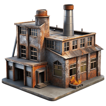 vibrant classic A decaying industrial factory, rusting metal, broken windows, dim lighting, dystopian style original png