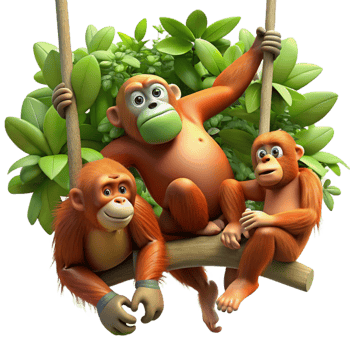 elegant traditional A family of orangutans swinging through the rainforest canopy, dappled sunlight, playful and agile original png