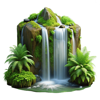 extraordinary vintage A cascading waterfall surrounded by lush green moss and ferns, long exposure photography, diffused sunlight, realistic style high resolution png