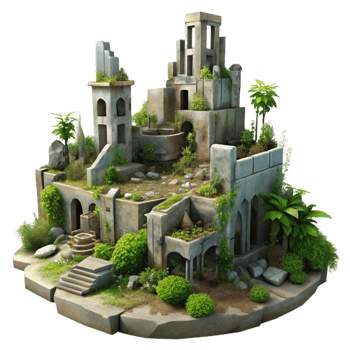 vibrant minimalist Post-apocalyptic ruined city, overgrown with vegetation, muted colors, eerie atmosphere, digital painting, high resolution png