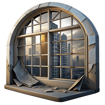 stunning vintage A broken window in an abandoned building, reflecting a distorted view of the cityscape. Urban decay style, natural lighting detailed png