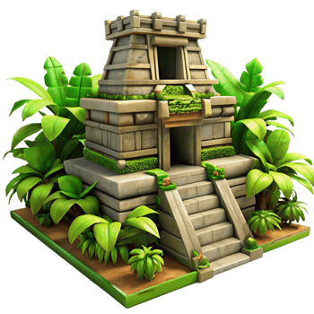 elegant modern Ancient Mayan temple, overgrown with jungle vines, dappled sunlight, intricate stone carvings, vibrant green foliage authentic png
