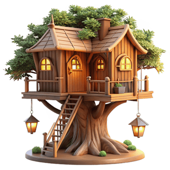 serene classic Treehouse built into a giant sequoia, rustic wooden construction, intricate details, warm evening light, fairytale style professional png