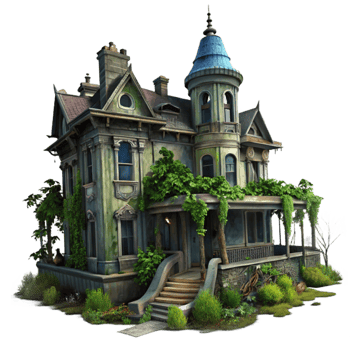 beautiful modern A dilapidated Victorian mansion overgrown with vines, spooky and atmospheric, dark fantasy style, digital painting high resolution png
