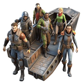 dramatic classic A group of space pirates, with ragged clothing and cybernetic enhancements, board a derelict spaceship. Dark, gritty lighting high quality png