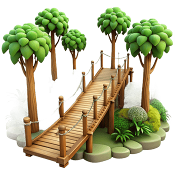 vibrant minimalist Treetop walkway through a rainforest canopy, wooden platforms and bridges, lush vegetation, natural light exclusive png