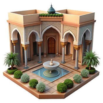 stunning creative Moroccan riad, intricate tilework, courtyard garden, dappled sunlight, traditional architecture 4K png