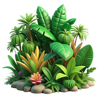 magnificent contemporary A lush jungle scene with exotic plants and vibrant colors, detailed foliage, dappled sunlight, botanical illustration style original png
