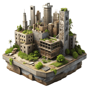 elegant vintage Post-apocalyptic city, crumbling buildings, overgrown vegetation, hazy daylight, desolate style 4K png