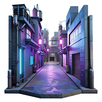wonderful modern Cyberpunk alleyway, neon signs, holographic projections, gritty textures, dystopian future professional png