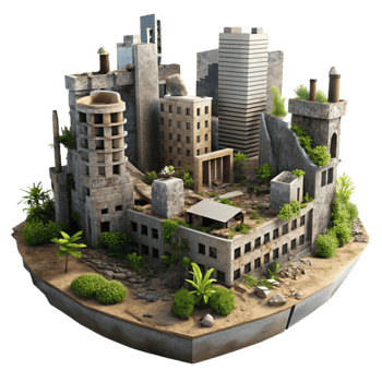 magnificent contemporary Post-apocalyptic city, crumbling buildings, overgrown vegetation, hazy daylight, desolate style high quality png