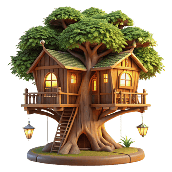 wonderful minimalist Treehouse built into a giant sequoia, rustic wooden construction, intricate details, warm evening light, fairytale style premium png