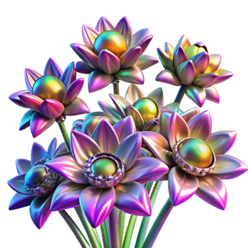 magnificent classic A field of vibrant, geometric flowers with chrome petals, lit by a rotating rainbow spotlight, Synthwave style authentic png