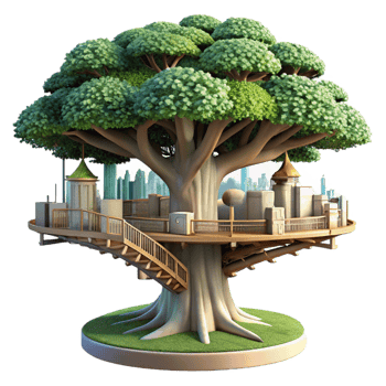 extraordinary rustic Giant tree with a city built into its branches, intricate walkways and platforms, lush foliage, sunlight filtering through leaves genuine png