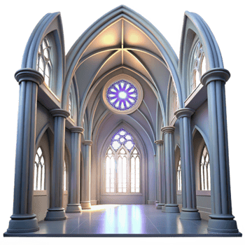 dramatic abstract Gothic cathedral interior, stained glass rose window, shafts of light, ethereal mood, ray tracing, hyperrealistic detailed png