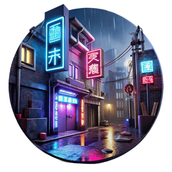 serene classic Cyberpunk city street, neon signs in kanji, rainy night, reflections in puddles, gritty and detailed textures premium png