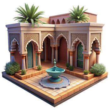 impressive classic Moroccan riad, intricate tilework, courtyard garden, dappled sunlight, traditional architecture authentic png