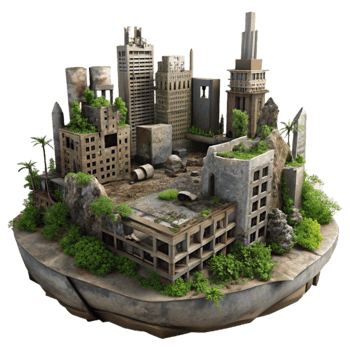 serene rustic Post-apocalyptic cityscape, ruined buildings, overgrown vegetation, dim lighting, dystopian setting authentic png