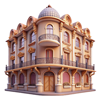 extraordinary modern Art Nouveau apartment building, ornate facade, floral motifs, wrought iron balconies, vintage style, soft lighting high resolution png